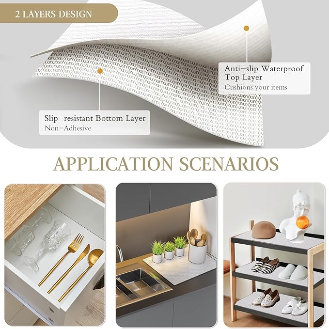 Beautysaid Shelf and Drawer Liner for Kitchen Cabinet, Non Adhesive Non Slip Shelf Paper Waterproof Washable Thickened for Dresser Pantry Shelve Bathroom Protector Liner(White,20 in x 20FT)