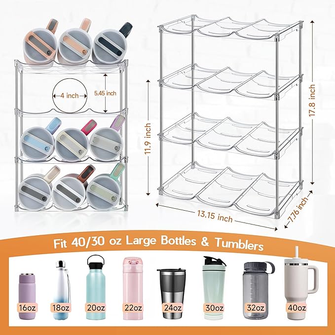 Sbosbo Water Bottle Organizer for Stanley 40 oz Tumbler, Stackable Water Bottle Holder for Kitchen Fridge Cabinet Organization and Storage, Plastic Wine Rack/Drink Bottle Holder (4 Pack - Hold 12)