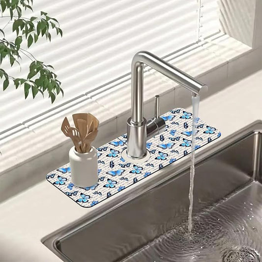Sink Splash Guard Faucet Mat Watercolor Butterflies Absorbent Fast Drying Mat Sink Gadgets Splash Guard Behind Faucet Drip Catcher for Kitchen Bathroom 15.5"X5.5"