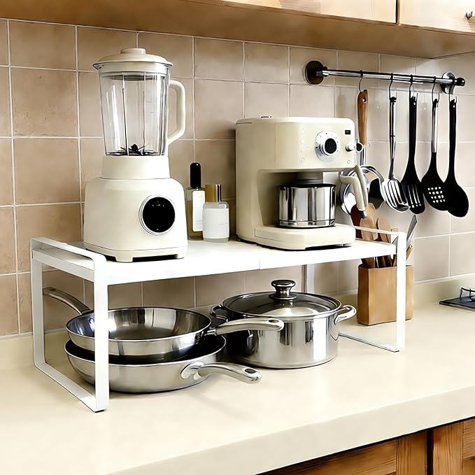Expandable Kitchen Counter Shelf Organizer,14-25" L， White Metal, Under Sink Storage Rack, Cabinet Countertop Organizer (2 Pack)