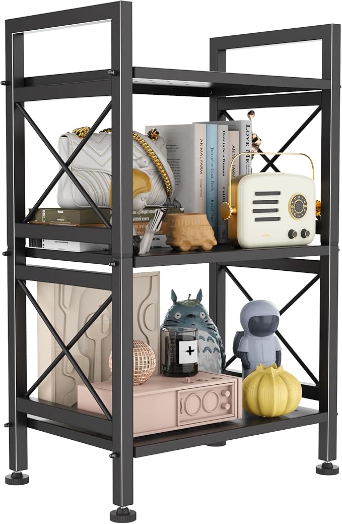 GIOTORENT 3-Tier Industrial Metal Bookcase, Narrow Bookshelf for Bedroom & Living Room - Tall Storage Shelf for Books Movies CDs, 16.8" W x 12.8" D x 30.8" H, Black