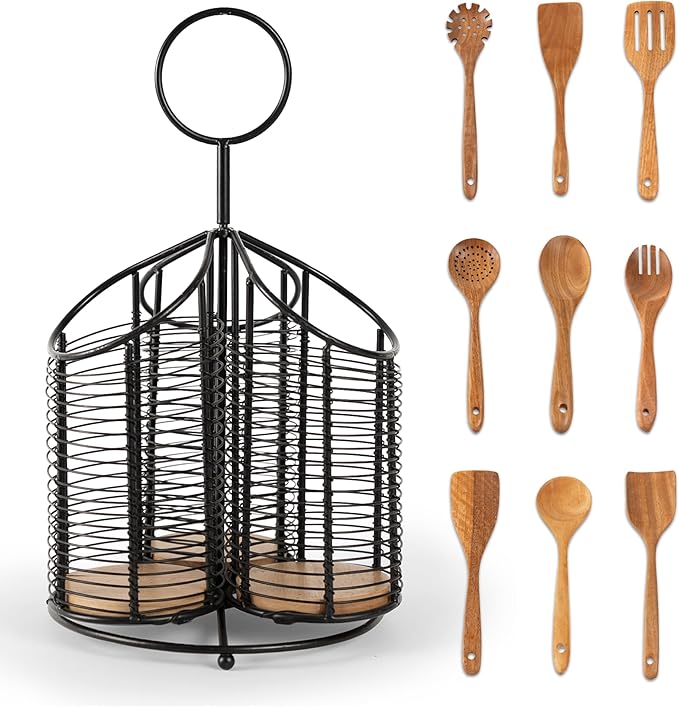 360° Rotating Utensil Holder with 9-Piece Acacia Wood Utensil Set - 100% Plastic-Free Kitchen Organizer - Large 3 Compartment Metal Countertop Crock for Spatulas & Cooking Tools (Black)