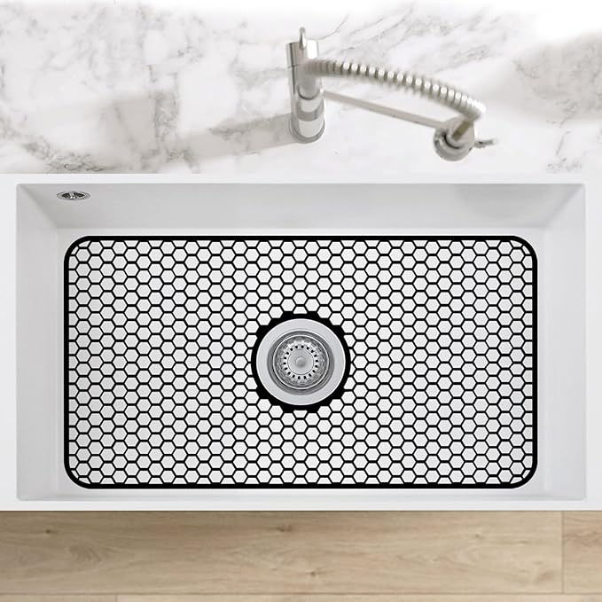 Bestjing Silicone Sink Mat - 24.8''x13'' Sink Protector for Kitchen Sink with Center Drain - Kitchen Grid Accessory, Non-slip Heat Resistant Mat for Bottom of Farmhouse Stainless Steel (Center Hole)
