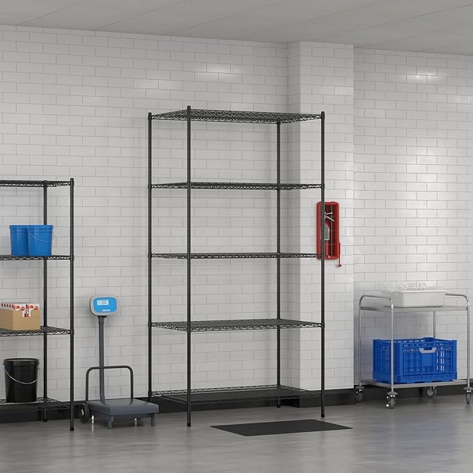 Commercial NSF Listed Black Epoxy Stationary Wire Shelving Kit 30" x 48" x 96", with 5 Shelves Perfect for Warehouse, Walk-in Refrigerator, Freezer, Grocery Store, Restaurant, Dishroom