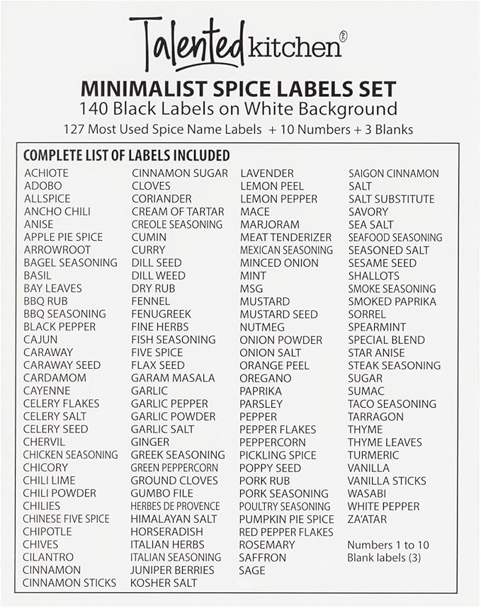 Talented Kitchen Spice Jar Labels - Minimalist Waterproof Kitchen Organization - Preprinted Spice Labels - Kitchen Pantry Organization Stickers - 140 Pack, 2.75 x 1.25 in, Black on White
