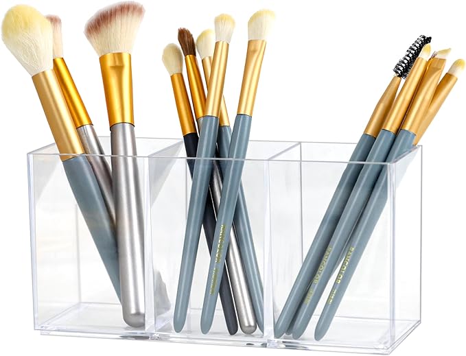 ZEXALOR Clear Drawer Organizer, 3 Sections Brush Organizer Holder, Drawer Dividers Office Desk Tray Bathroom Makeup Jewelry Trays (Brush holder)