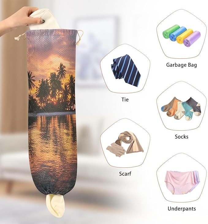 Plastic Bag Holder Wall Mount Grocery Bag Shopping Bag Storage Holder Organizer Dispenser with Adhesive Hook,for Kitchen Bathroom Home Decor 9x22 Inches Sunset Summer Palm Trees Island41