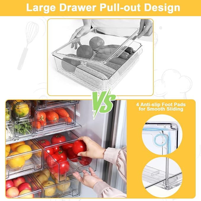 YINGRACE 7 Pack Fridge Organizer Bins, Stackable Refrigerator Organizers and Storage, With a Pull-out Drawer, BPA-Free Clear Containers For Fruit, Vegetable, Drinks