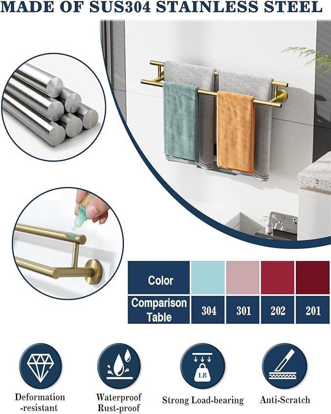 Alise Double Bath Towel Bars,20 Inch Towel Racks for Bathroom Wall Mounted,SUS304 Stainless Steel Towel Holder,Space-Saving Towel Hanger,Modern Decor Towel Rod,Brushed Gold Towel Rail,GYT6902-500-G