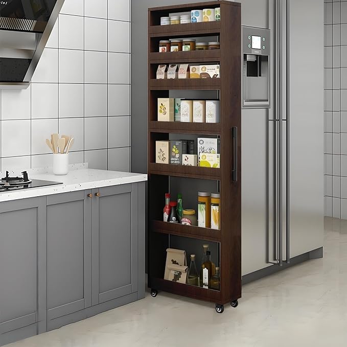 Slim Rolling Storage Cart, Narrow Kitchen Storage Rack with Wheels, Tall Gap Organizer Shelf for Small Spaces, 7-Tier Movable Food Cabinet for Refrigerator Side