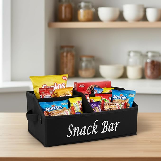 2 Pack Snack Organizer for Countertop, Fabric Snack Basket with Handles, 4 Compartment Snack Box Container, Snack Bar Station Decor, Kitchen Cabinet Pantry Organizer and Storage (Black)