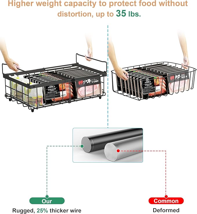 UMDONX 4-Pack Expandable Stackable Chest Freezer Organizer Bins - Large, Adjustable from 11.4" to 17.9", Fits 10-20 Cu. Ft. Freezers, Black