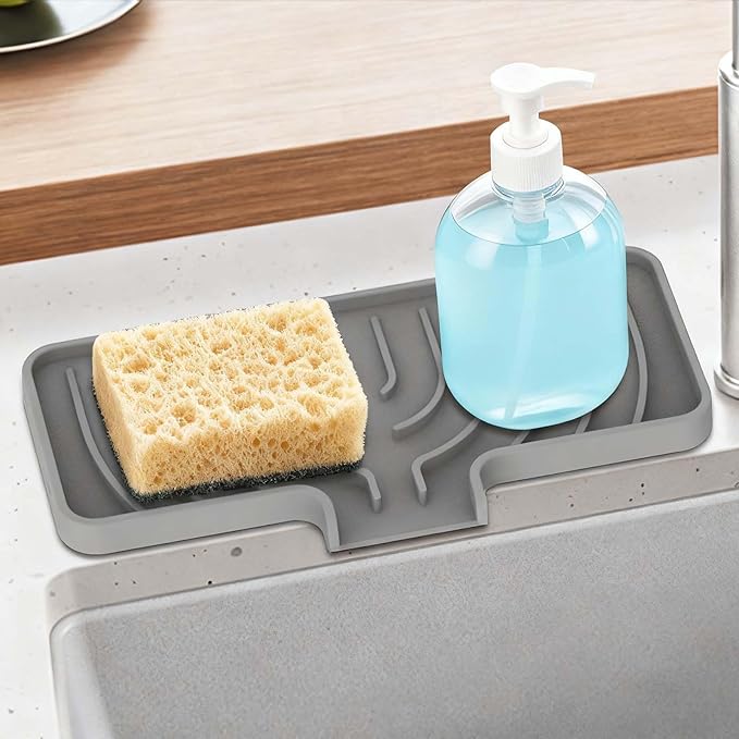 GUUKIN Sponge Holder for Kitchen Sink, 9.8"×4.9" Silicone Sponge Holder, Soap Tray with Drain, Dish Soap Mat for Shower Bathroom, Perfect for Dispenser,Scrubber,Bottle,Cup on Sink or Counter (Grey)