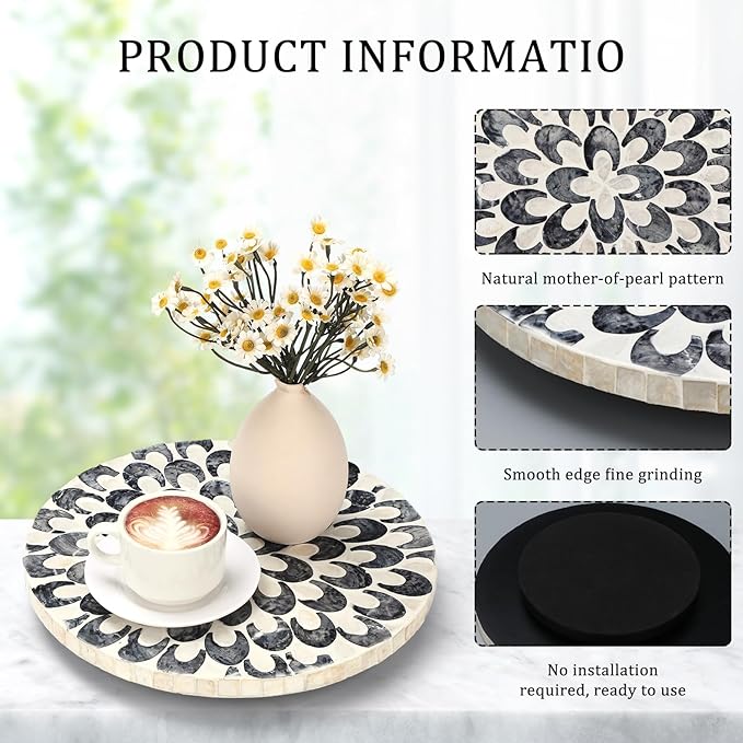 Mother of Pearl Lazy Susan for Table Turntable Organizer Wood Round Spinning Tray Rotating for Kitchen Cabinet Counter Spice Pantry 12 Inch(Floral Pattern)