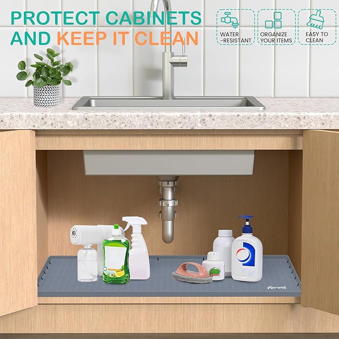 FORWOS Waterproof Under Sink Mat 28" x 22", Silicone Cabinet Liner, Rubber Protector for Kitchen and Bathroom, Keeps Cabinets Clean, Dry, and Organized (Grey)