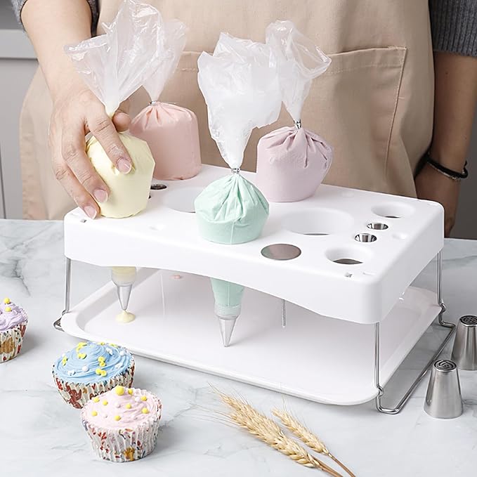 Collapsible Piping Bag Stand with Drip Tray - 12 Hole Organizer + Nail Slots | Compact Baking Storage for Countertops, Home Bakeries & Kitchens