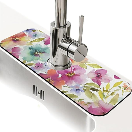 Kitchen Sink Splash Guard，Bright soft flowers Faucet Mat Sink Gadgets-Super Absorbent Fast Drying Mat Drip Catcher for Kitchen, Bathroom,Sink Mat, Dish Drying Mat, Bathroom(15" X 5.5" )