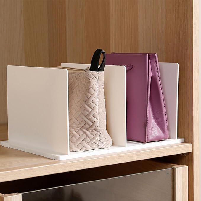 White Sturdy Plastic Shelf Divider, Vertical Handbag Separator for Closet, Adjustable Storage Organizer with Easy Assembly, Space Saving Design for Home Wardrobe Cabinet and Deskto