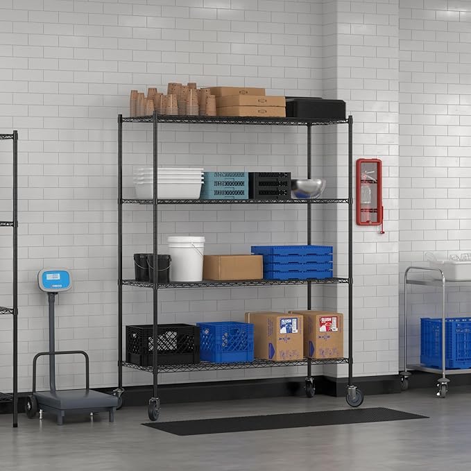 Commercial NSF Listed Black Epoxy Mobile Wire Shelving Kit 24" x 60" x 80", with 4 Shelves Perfect for Warehouse, Walk-in Refrigerator, Freezer, Grocery Store, Restaurant, Dishroom