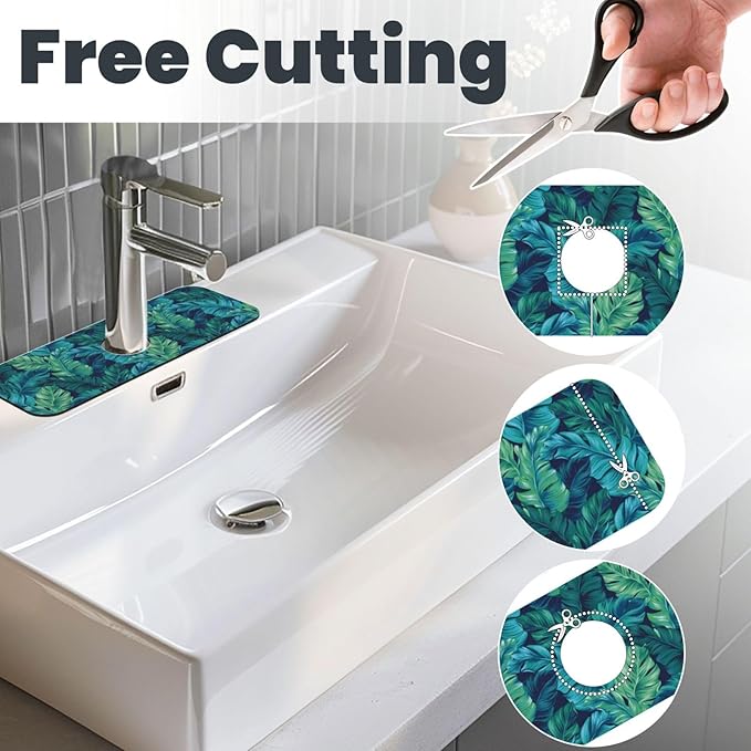 Palm Leaves Tropical Summer Green Hawaiian Kitchen Sink Splash Guard Faucet Mat Super Absorbent Fast Drying Mat Sink Gadgets-Fast Drying Pad Sink Mat For Kitchen Bathroom (15" X 5.5" )
