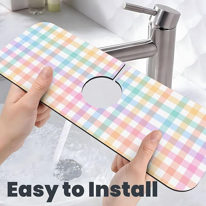 Happy Easter Colorful Buffalo Plaid Kitchen Sink Splash Guard Faucet Mat 1 Pcs, Absorbent Fast Drying Mat Gadgets Splash Guard For Bathroom 15 X 5.5 Inches