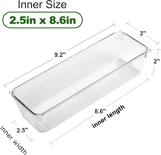 LotFancy 8 Pack Clear Plastic Drawer Organizers, Food Grade Storage Trays, Non-Slip Storage Bins for Kitchen Utensil, Silverware Cutlery, Bathroom, Office Desk, Makeup, Jewelry, 9.2''×3''×2''