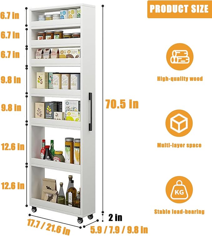 Slim Storage Cart,Rolling Spice Rack Next to Fridge Slim,Kitchen Rolling Cart,Narrow Storage Cabinet, Wood Storage Organizer,for Kitchen,Bakers,Pantry,Dining Room Gray 7.9x23.6x72.4in