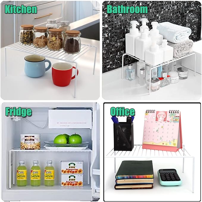 Kitchen Cabinet Shelf Organizer Set of 4, Medium (13 x 9.4 inch) Metal Wire Pantry Storage Shelves, Dish Plate Racks for Cabinets, Freezer, Counter, Cupboard Organizers and Storage, White