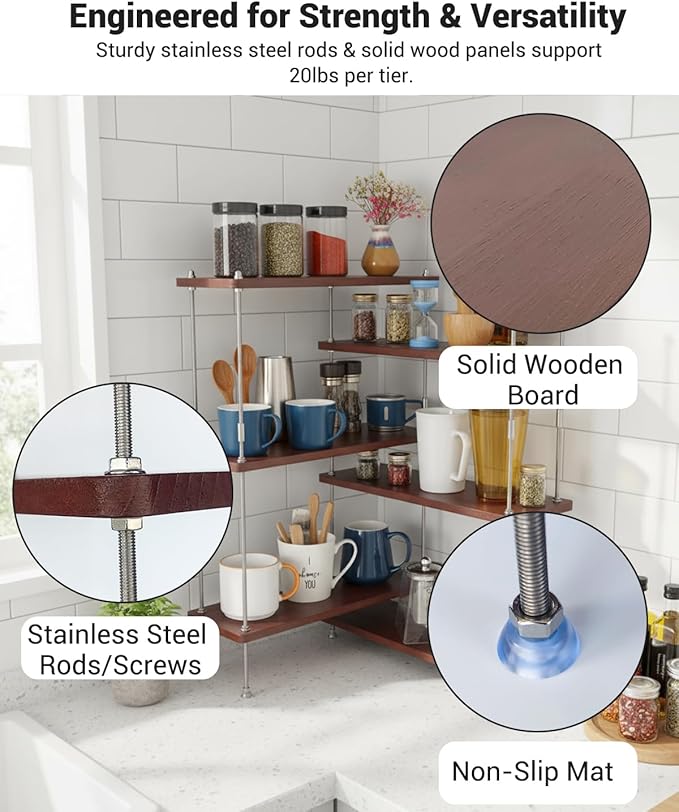 VINIUSIKI Adjustable 6 Tier L-Shaped Countertop Shelf Organizer, Kitchen Spice Rack for Countertop, Wood Coffee Counter Shelf Organizer for Home - 15.7"x15.7"x24.01" (LxWxH), Auburn