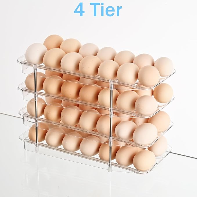 STORICANS Egg Holder,4 Tier Clear Organizer with Auto-Roll Design, Adjustable Height Egg Storage Container Holds Up to 56 Eggs for Refrigerator,Kitchen Cabinet
