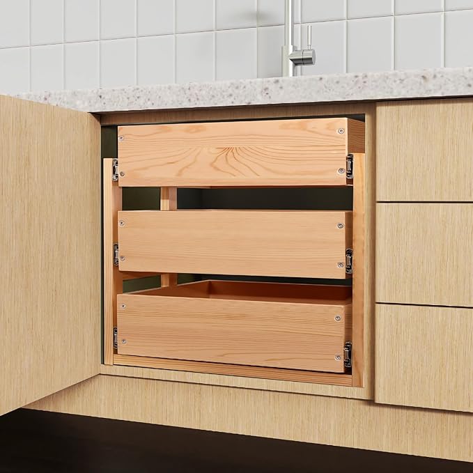 Pull Out Drawers For Cabinets, 23''W×21''D×19''H Soft Close Slide Out Wood Shelves Storage Organizer for Kitchen, 3-Tier, Finished, Heavy-Duty, Bottom Assembly