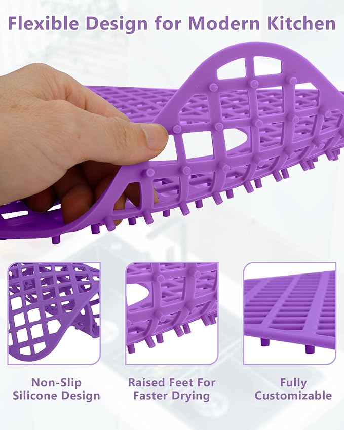 BEHOK 2 Pack Silicone Sink Protectors for Kitchen Sink, Lozenge Pattern 13 x 11 Inches Sink Mat, Non-Slip and Durable Sink Protector Silicone, Rear Drain, Purple