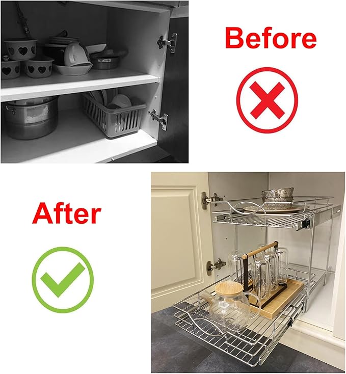 Pull Out Cabinet Organizer 23" W x 21" D 2-Tier Individual Slide Out Drawer Pantry Shelf Storage for Kitchen Base Cabinet Organization for Kitchen, Bathroom, Pantry, Chrome