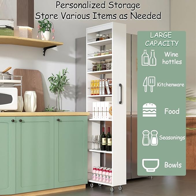 Tall 7-Tier Slim Pull-Out Storage Cart, Narrow Rolling Storage Cabinet with Black Handle for Next to Fridge, Multi-Functional Kitchen Cart, Single-sided open shelf on Wheels for Kitchen (White)