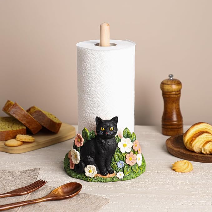 WAIT FLY Black Cat and Flower Paper Towel Holder Stand Resin Tissue Stand Roll Holder for Kitchen Countertop Restaurant Cafe