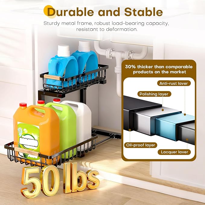ZELOREA Under Sink Organizer, 2 Tier Pull Out Under-Sink Shelves, Adjustable Height (13.8" -16.9"), Sturdy Metal Storage Organizer for Bathroom Kitchen Pantry Cabinet (2 Packs, Black)
