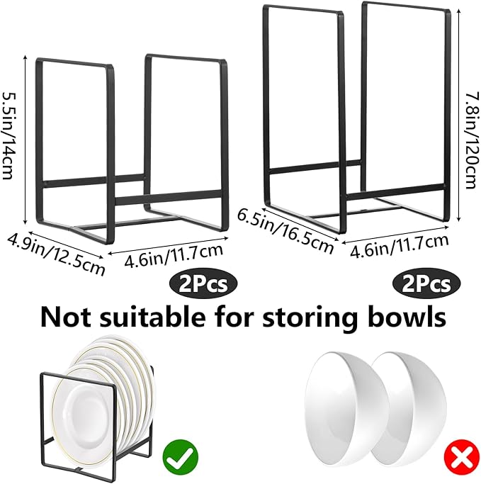 4 Pack Kitchen Plate Organizer for Cabinet, Space Saver Metal Dish Plate Storage Rack Upright Plate Dish Drying Racks Stand for Cupboard and Countertop, 2 Large & 2 Small Black