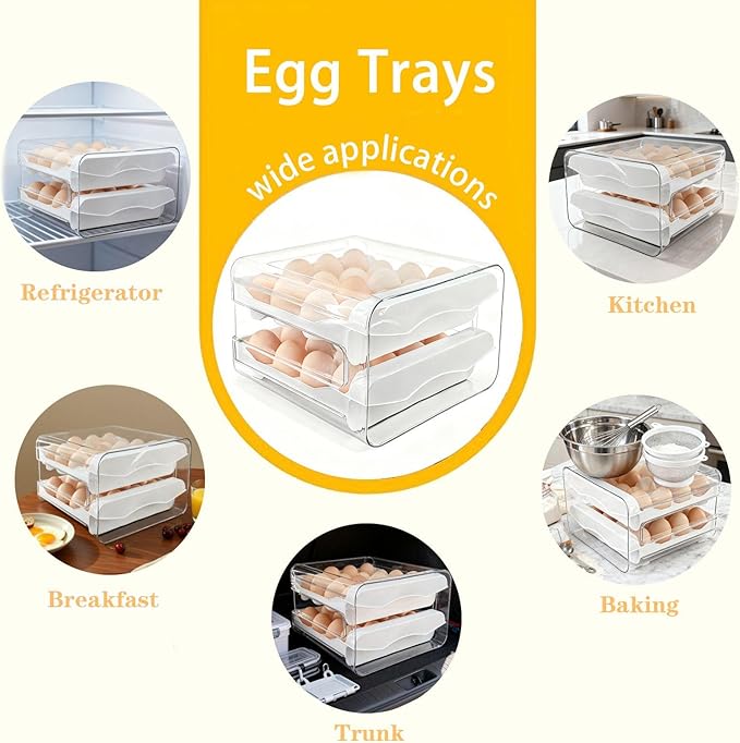Egg Holder for Refrigerator 2 Tier Clear Stackable Egg Tray with Drawer Space Saving Eggs Storage Container with Handles for Countertop Kitchen Baking (32 Eggs)
