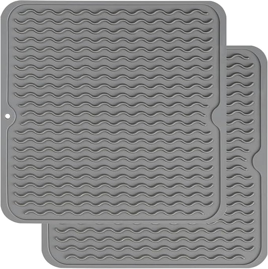 ZLR 2 Pcs Silicone Dish Drying Mat 12" x 12" Square - Small Heat Resistant Trivet & Countertop Protector for Air Fryer, Coffee Maker - Waterproof Kitchen Drain Pad for Cups, Fruit (Dark Gray)