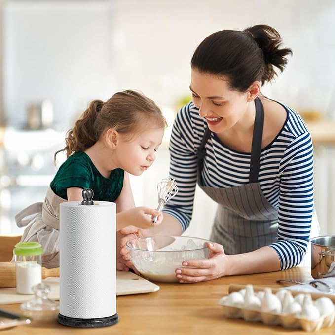 Handmade Marble Paper Towel Holder - 12" Upright Paper Roll Dispenser with Heavy Non-Slip Base for Easy One-Handed Tear - Ideal for Kitchen Countertops, Cabinets, and Bathrooms