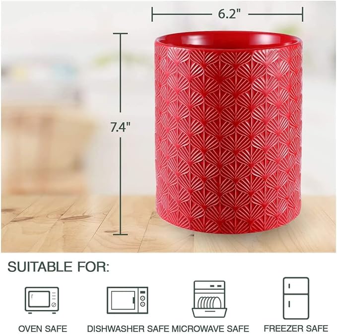 Ceramic Utensils Holder，Extra Large Stable Ceramic Cooking Tool Organizer Set for Kitchen，For Countertop ,Red