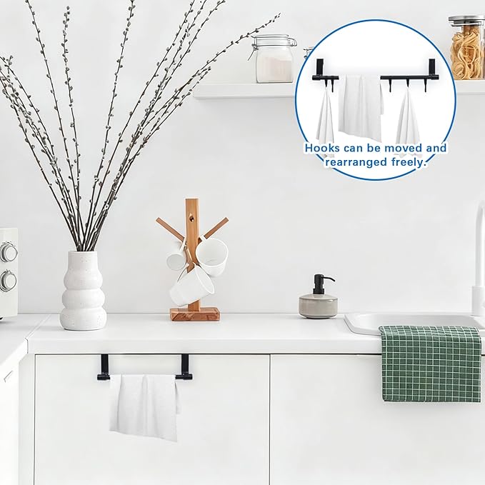 2Pcs Towel Holder, Over Cabinet Door Towel Rack with Hooks, Multi-Purpose Kitchen Towels Rack and Hanger Organizer for Sink Bathroom Pantry Door (Black)