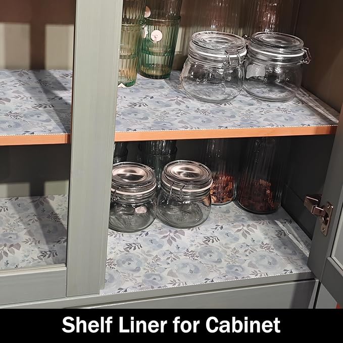 Amiitay Blue Floral Shelf and Drawer Liner for Kitchen,12IN x 20FT Non-Adhesive and Strong Non-Slip Peony Cabinet Drawer Liners for Kitchen Shelf, Waterproof Cupboard Liners,Easy to Clean