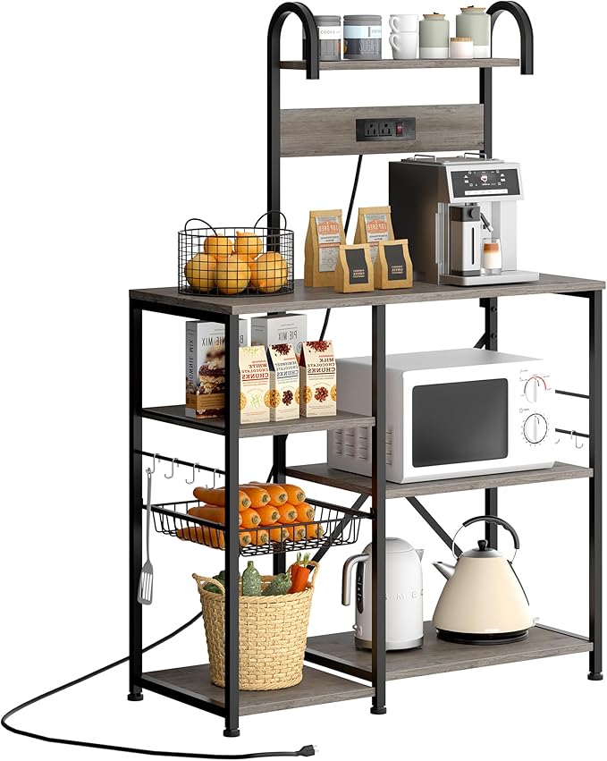 JAMFLY Bakers Rack with Power Outlet, Microwave Stand, kitchen Storage Shelf with 6 Hooks, Coffee Bar Station with Wire Basket, 6 Tier Kitchen Rack for Living Room, Spice, Pots and Pans Organizer