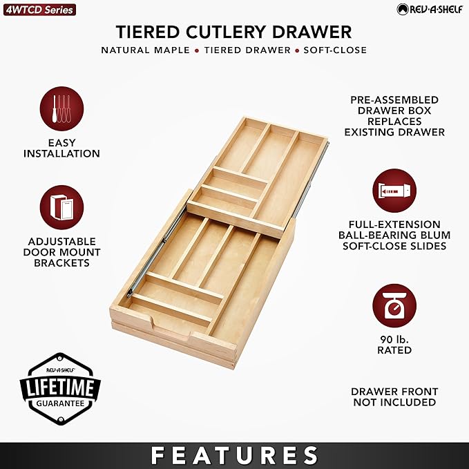 Rev-A-Shelf 15 Inch Wide 2 Tiered Kitchen Utensil & Cutlery Pullout Drawer Tray Organizer, 18" W Soft Close