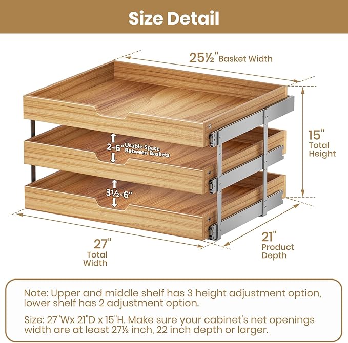 ROOMTEC 3 Tier Pull Out Cabinet Organizer, Heavy-Duty Pull Out Drawer, Slide Out Wood Shelf for Cabinets, Base Cabinet Organization for Pantry, Bathroom (27" Wx21 D)