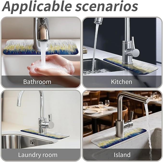 Kitchen Sink Splash Guard，Blue and Gold Graffiti Faucet Mat Sink Gadgets-Super Absorbent Fast Drying Mat Drip Catcher for Kitchen, Bathroom,Sink Mat, Dish Drying Mat, Bathroom(15" X 5.5" )