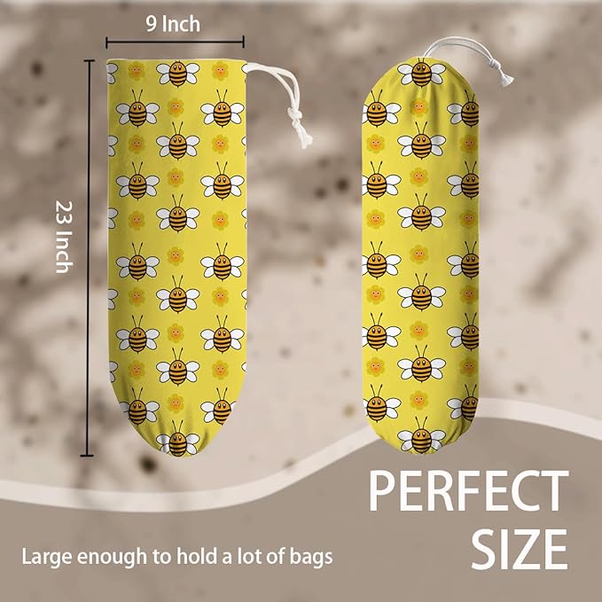 Bees Plastic Bag Holder, Hanging Shopping Bags Storage Carrier, Yellow Fabric Garbage Trash Bag Dispenser for Home Kitchen Pantry Cabinet, Wall Mount, Kitchen Housewarming Gifts for Women