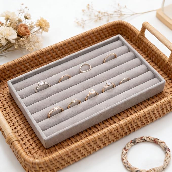 Velvet Jewelry Organizer Trays Gray Stackable Jewelry Storage Display Tray with Removable Dividers, 8 Rolls