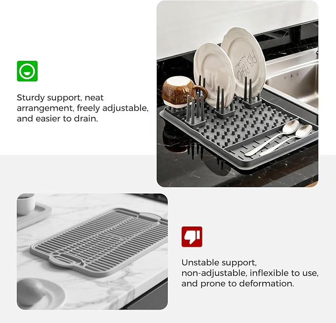 15.75"x11.18" Silicone Dish Drying Mat for Kitchen Counter, Quick Dry Dish Mat with Dish Rack and Dual-Sided Independent Zones, Multiple Usage Kitchen Drying Mat with Hanging Hook for Home